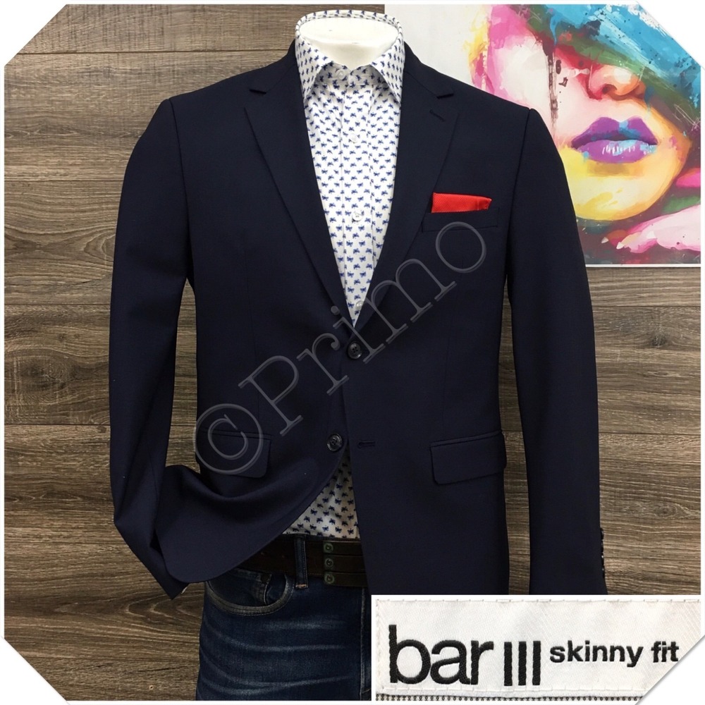BAR III Mens Wool Blazer Sport Coat Casual Jacket Size 42S Skinny Fit Blue‎ Suit